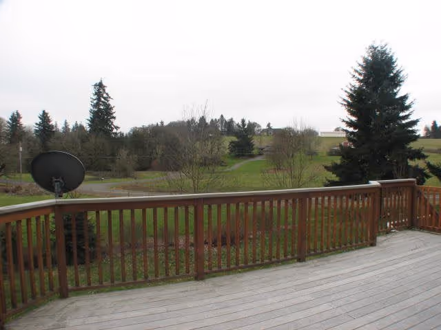View from a wooden deck overlooking a grassy area with trees and a pathway under an overcast sky. A satellite dish is mounted on the deck railing.