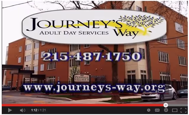 Exterior view of a multi-story brick senior living building with a 'Journey's Way Adult Day Services' logo, phone number, and website overlaid.