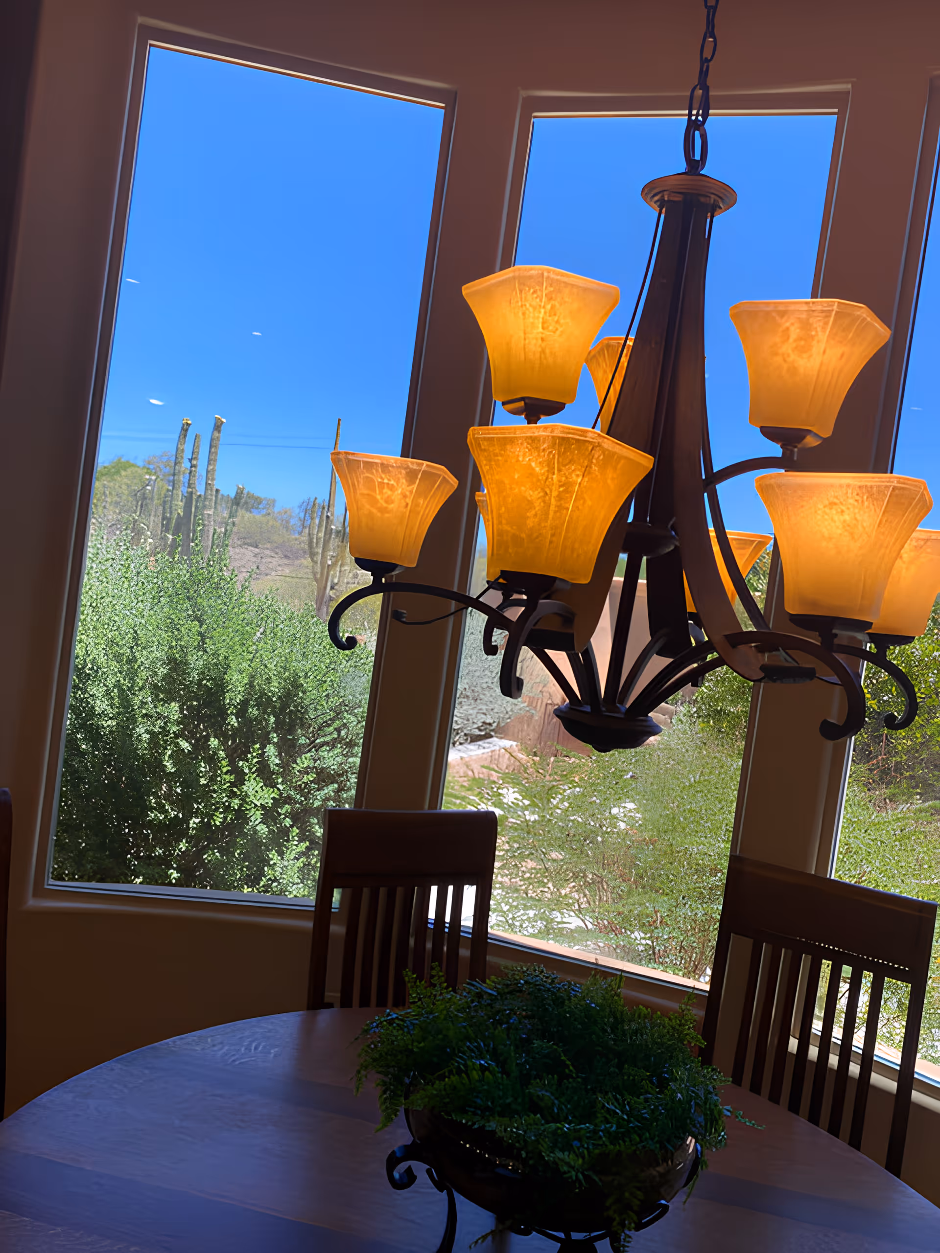 Dining room with a round wooden table, potted plant, and a multi-light chandelier in front of tall windows showing a desert landscape with cacti.