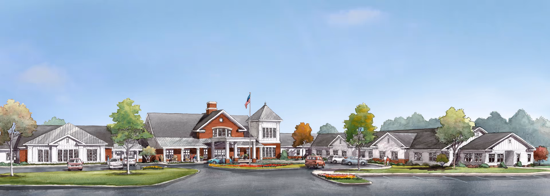 Illustrated exterior view of a senior living campus with multiple buildings and trees.