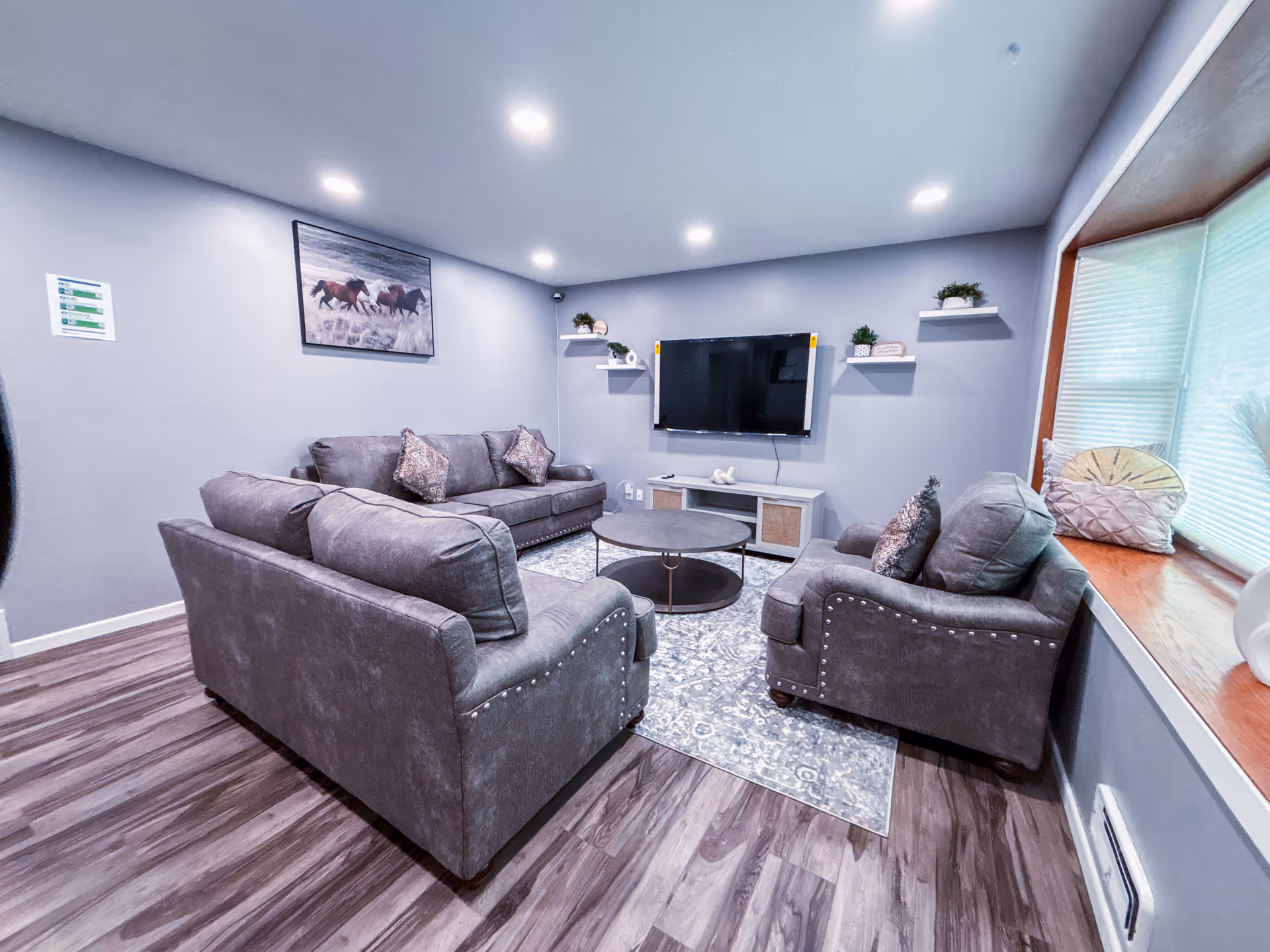 Gray lounge with sectional sofas, a wall-mounted TV, and a rug in a cozy living room.