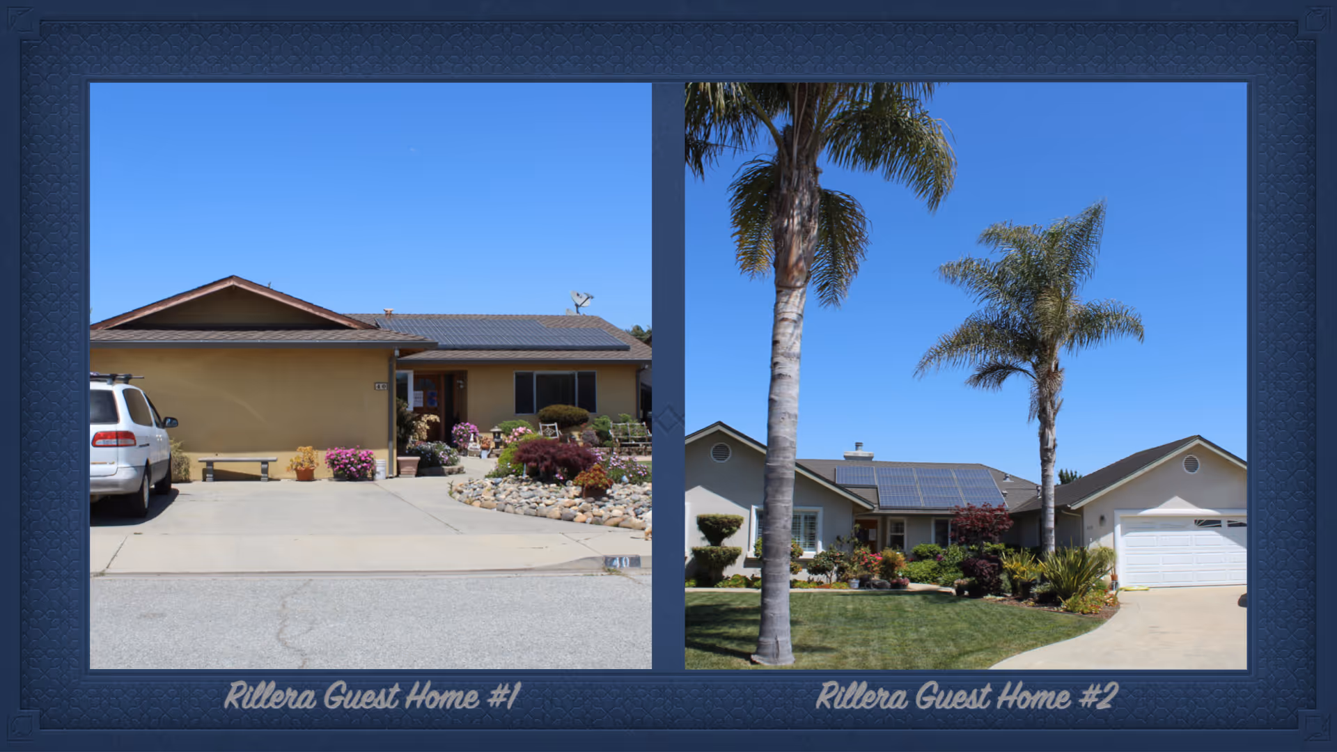 Two front exterior views of Rillera's Guest Home 2 with driveways and landscaping