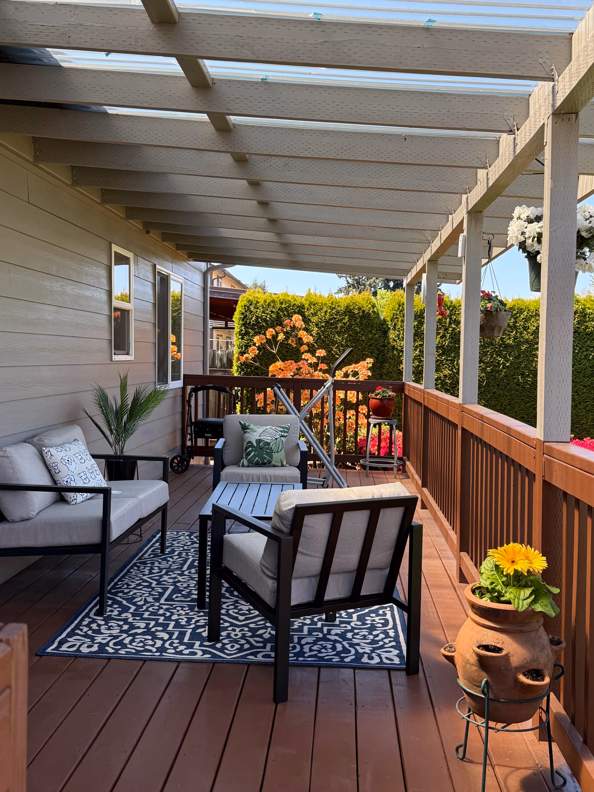 Outdoor deck with seating area, rug, plants, and privacy hedge.