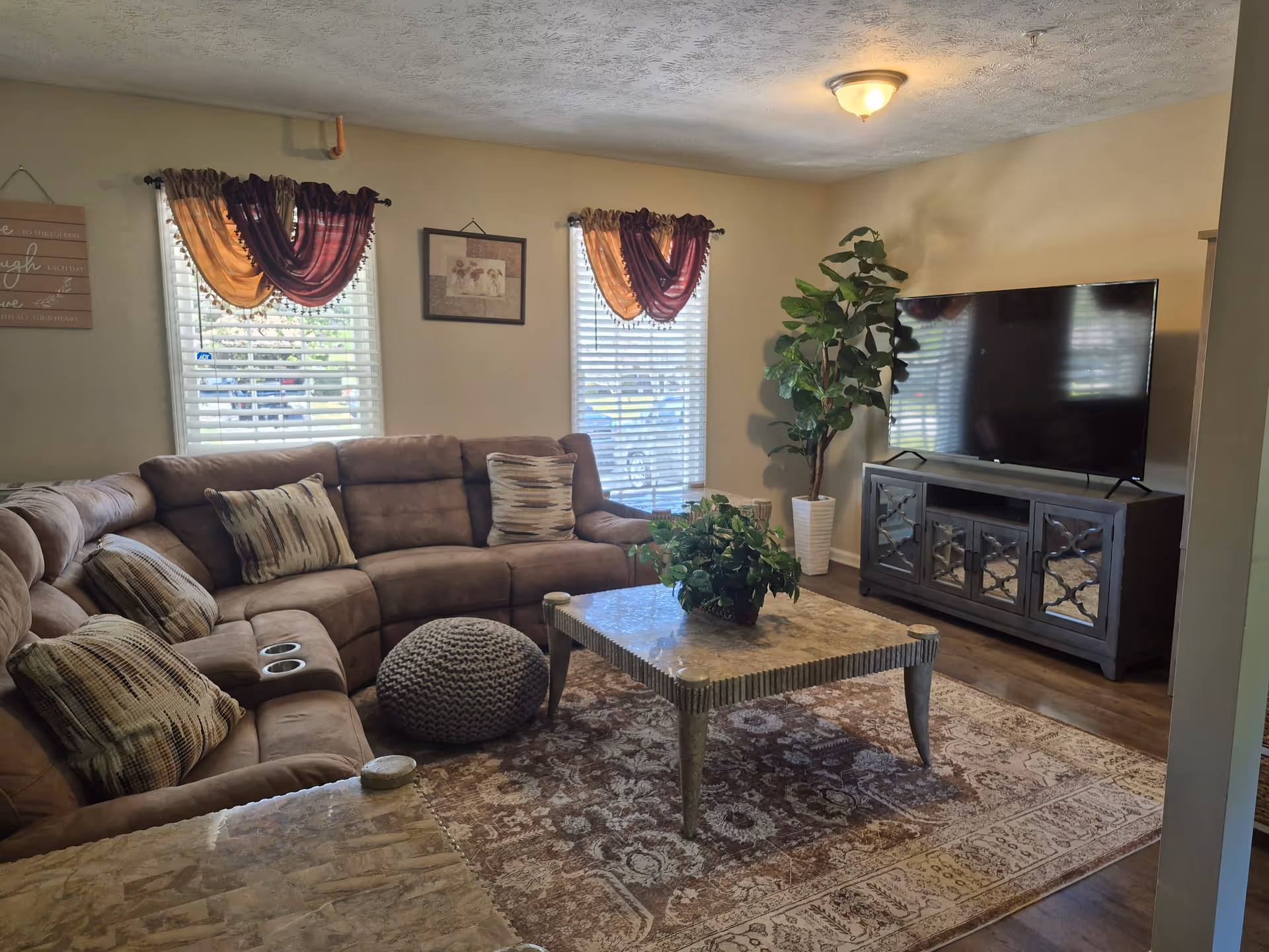 Cozy living room with sectional sofa, coffee table, rug, TV, and potted plants.