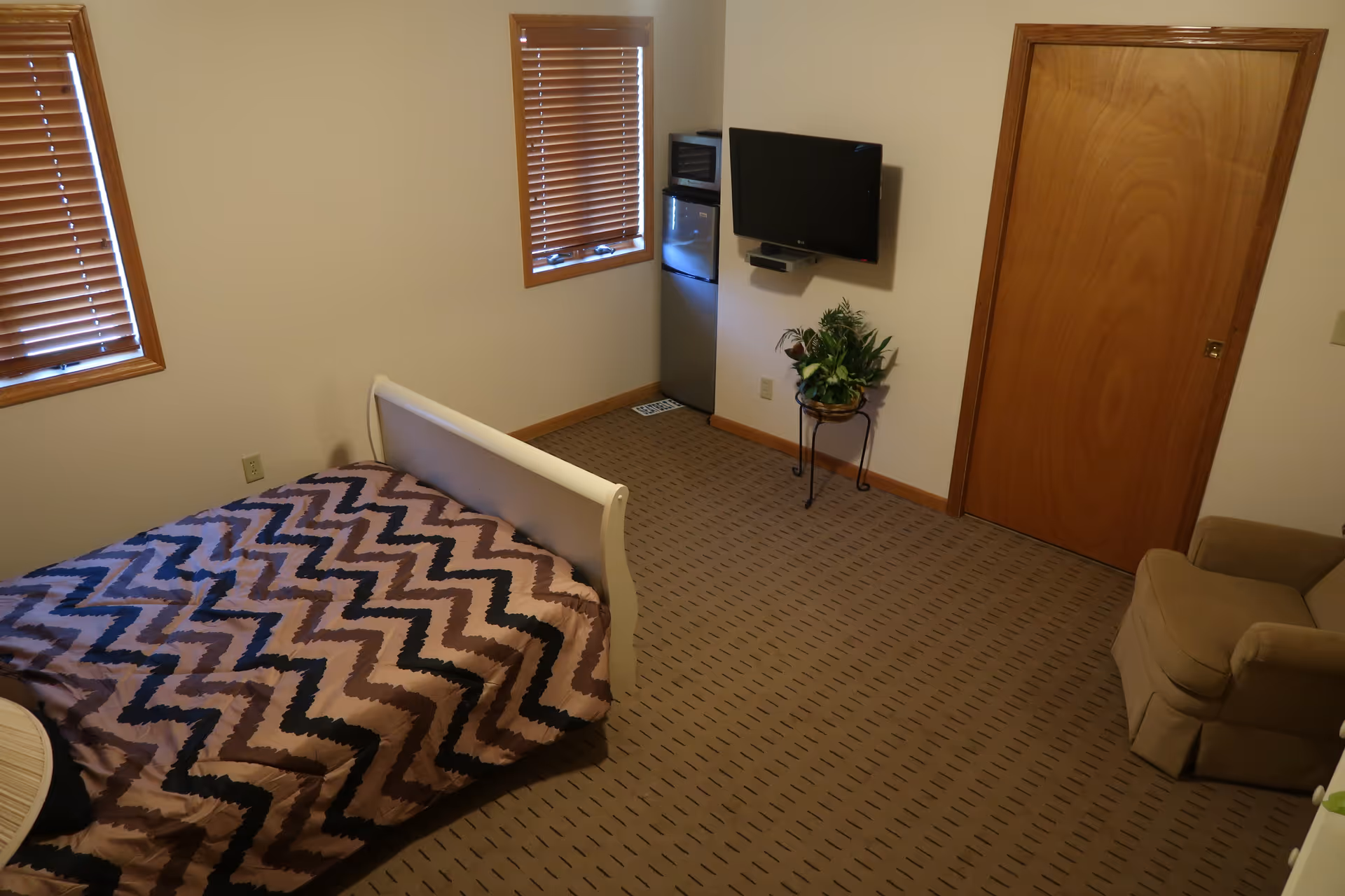 A modest bedroom with a bed, wall-mounted TV, small refrigerator, armchair, and a potted plant.