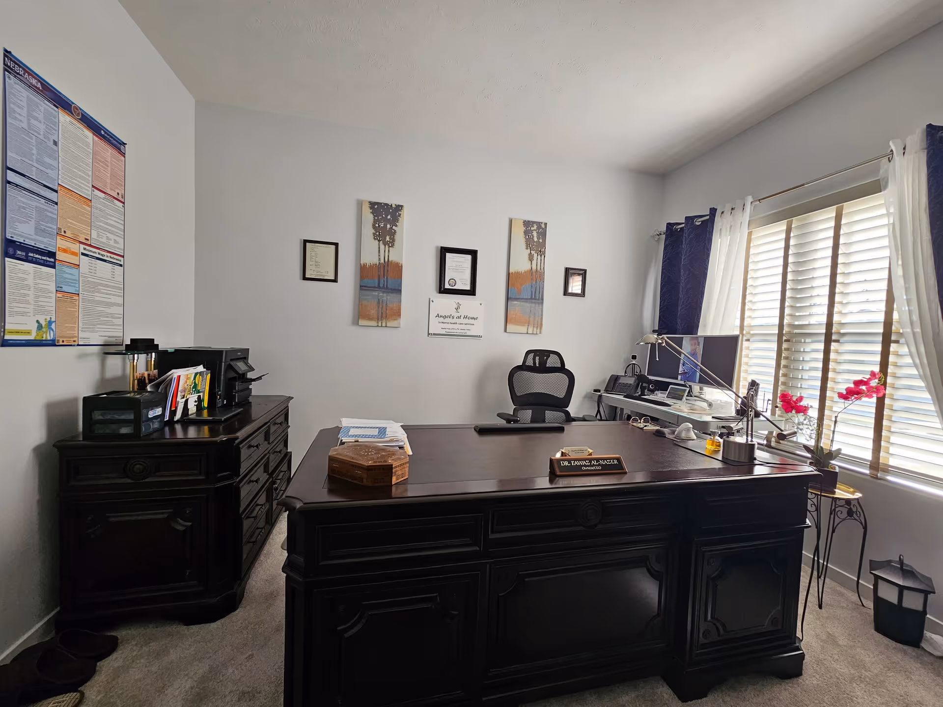 A dark wooden executive desk in a bright office with computer, chair, and orchids by window.