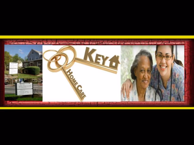 Signage banner for Key Home Care with building photo and two smiling individuals