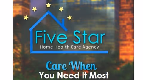 Exterior shows Five Star Home Health Care Agency logo with stars on brick facade.