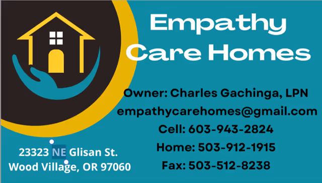 Signboard for Empathy Care Homes featuring logo, address, and contact details.