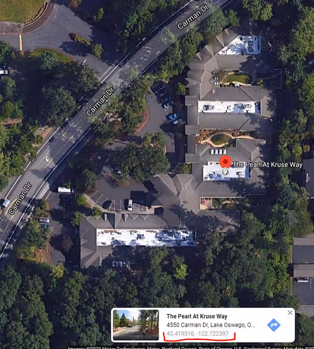 Aerial view of The Pearl senior living complex along Carman Drive in Lake Oswego.