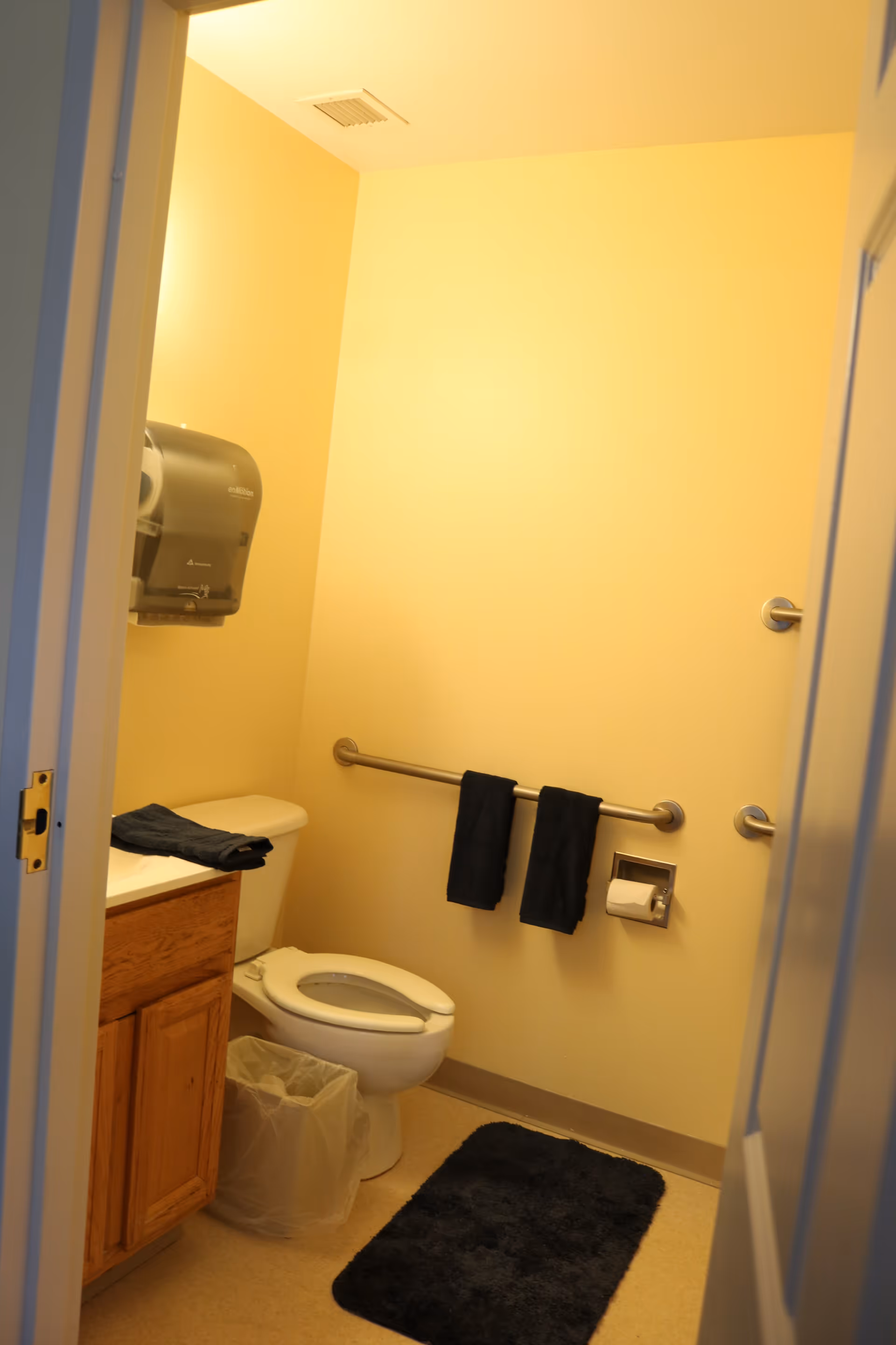A small bathroom with a toilet, a wooden cabinet with a countertop, a trash bin, a wall-mounted paper towel dispenser, two black towels hanging on a grab bar, a toilet paper holder with toilet paper, and a black bath mat on the floor.