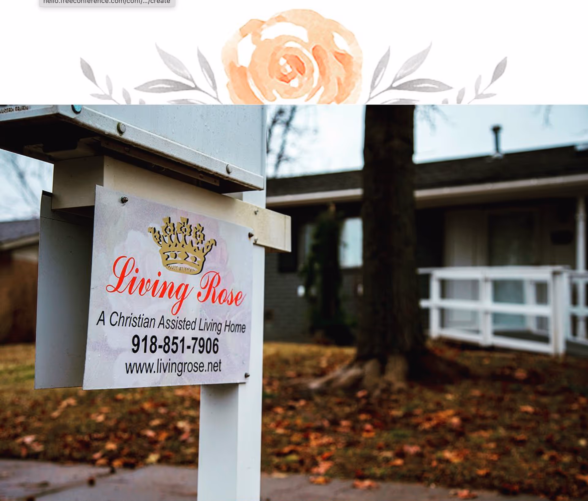 Exterior view of Living Rose Christian Assisted Living Home sign and building.