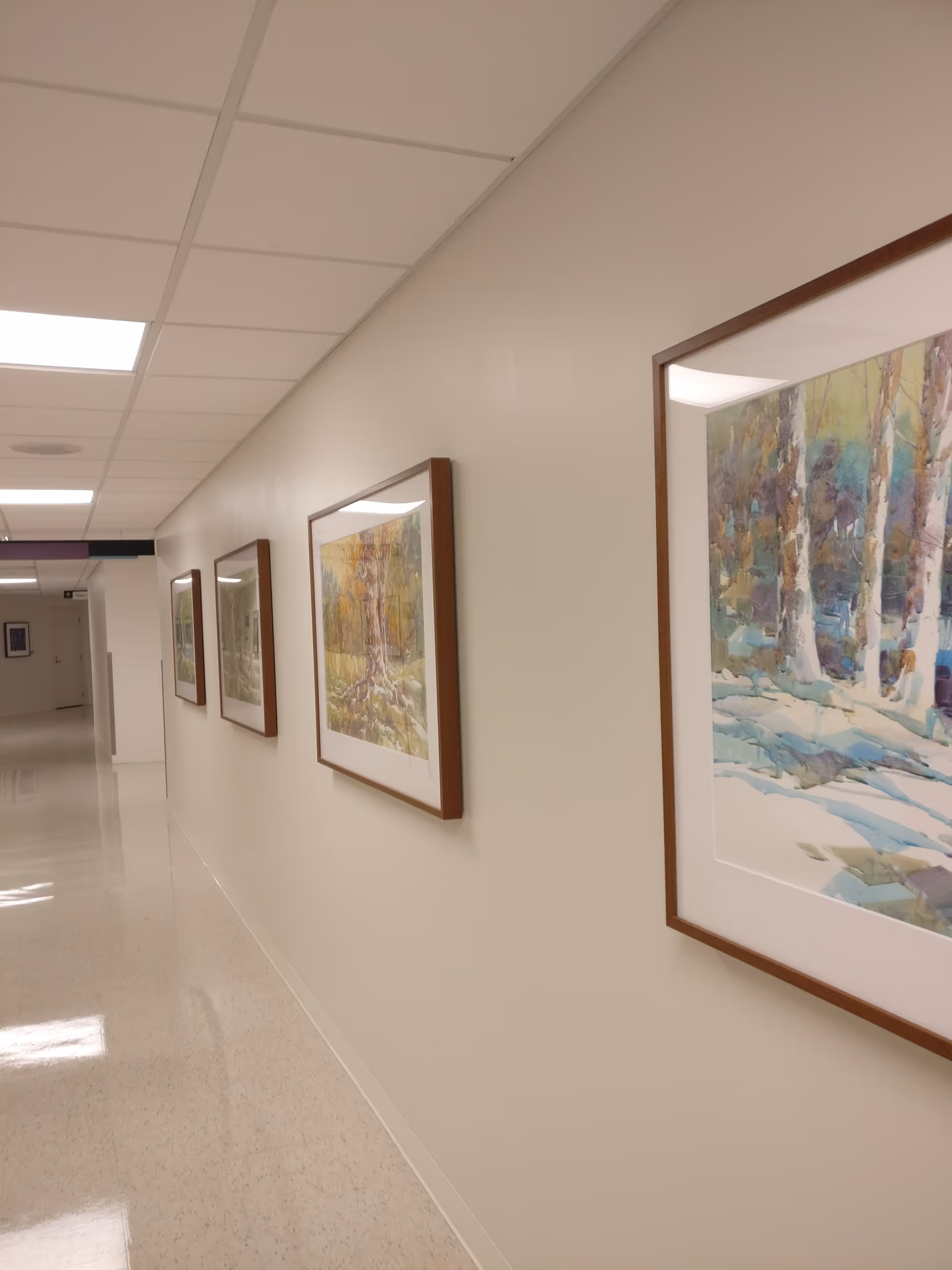 Long, well-lit hallway with framed landscape paintings along white walls.