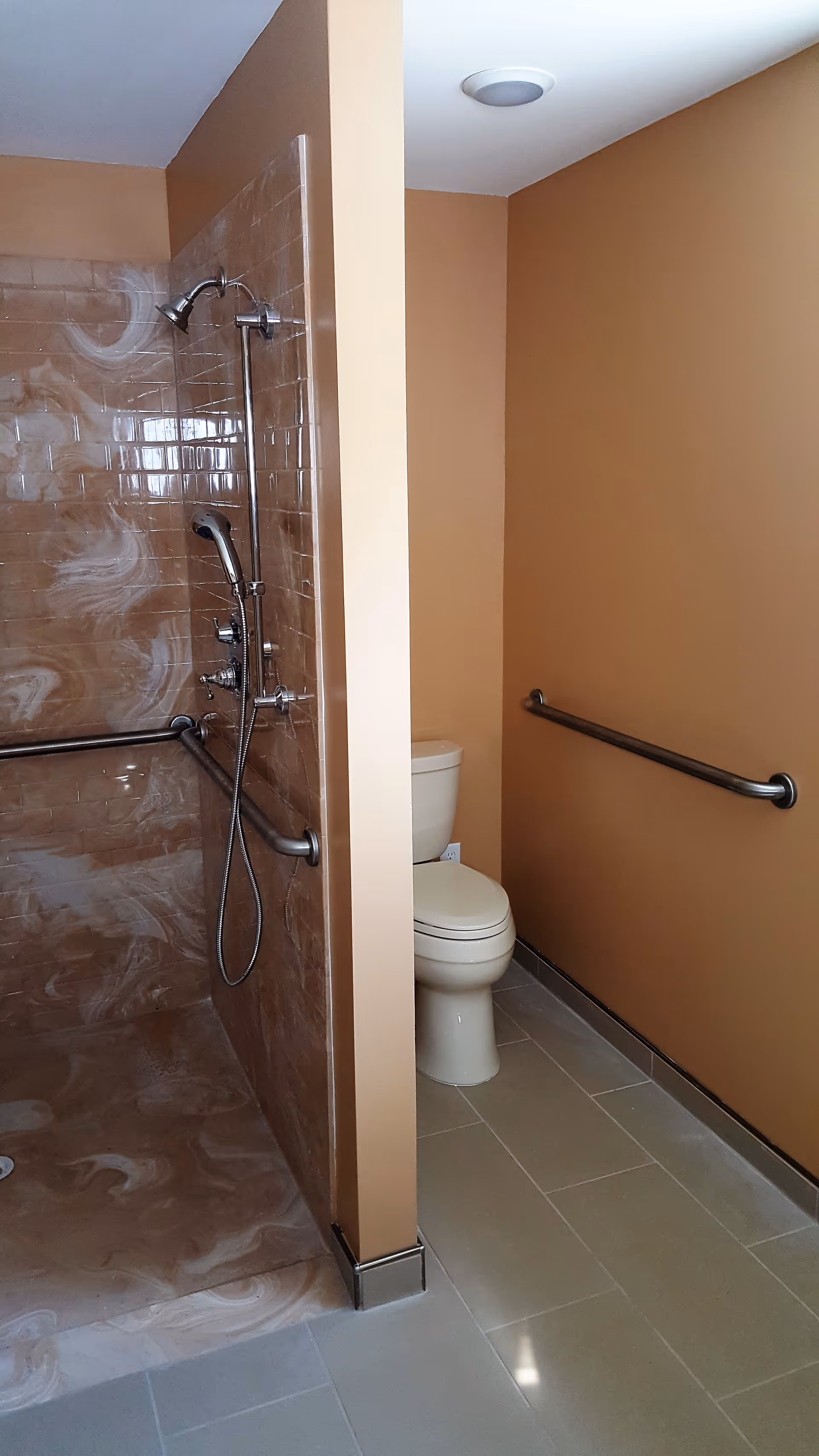Accessible bathroom with a tiled shower, handheld shower, toilet, and wall-mounted grab bars.