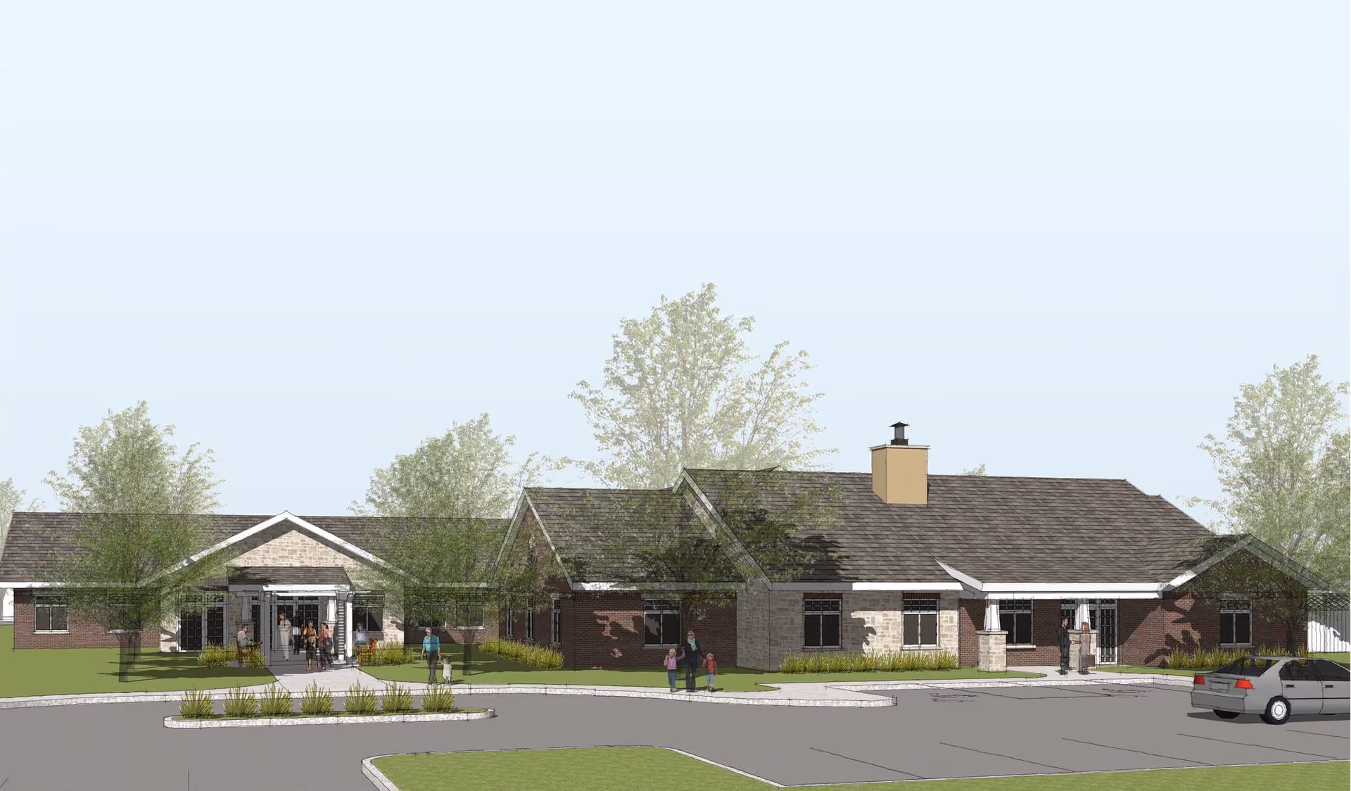 A single-story memory care facility exterior with a parking lot and people at the entrance.