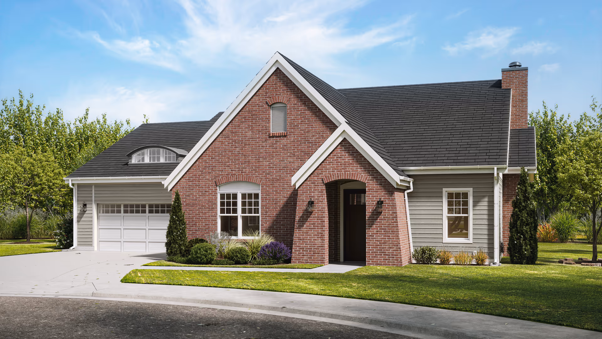 A brick-and-siding senior living facility with a manicured lawn and a two-car garage.