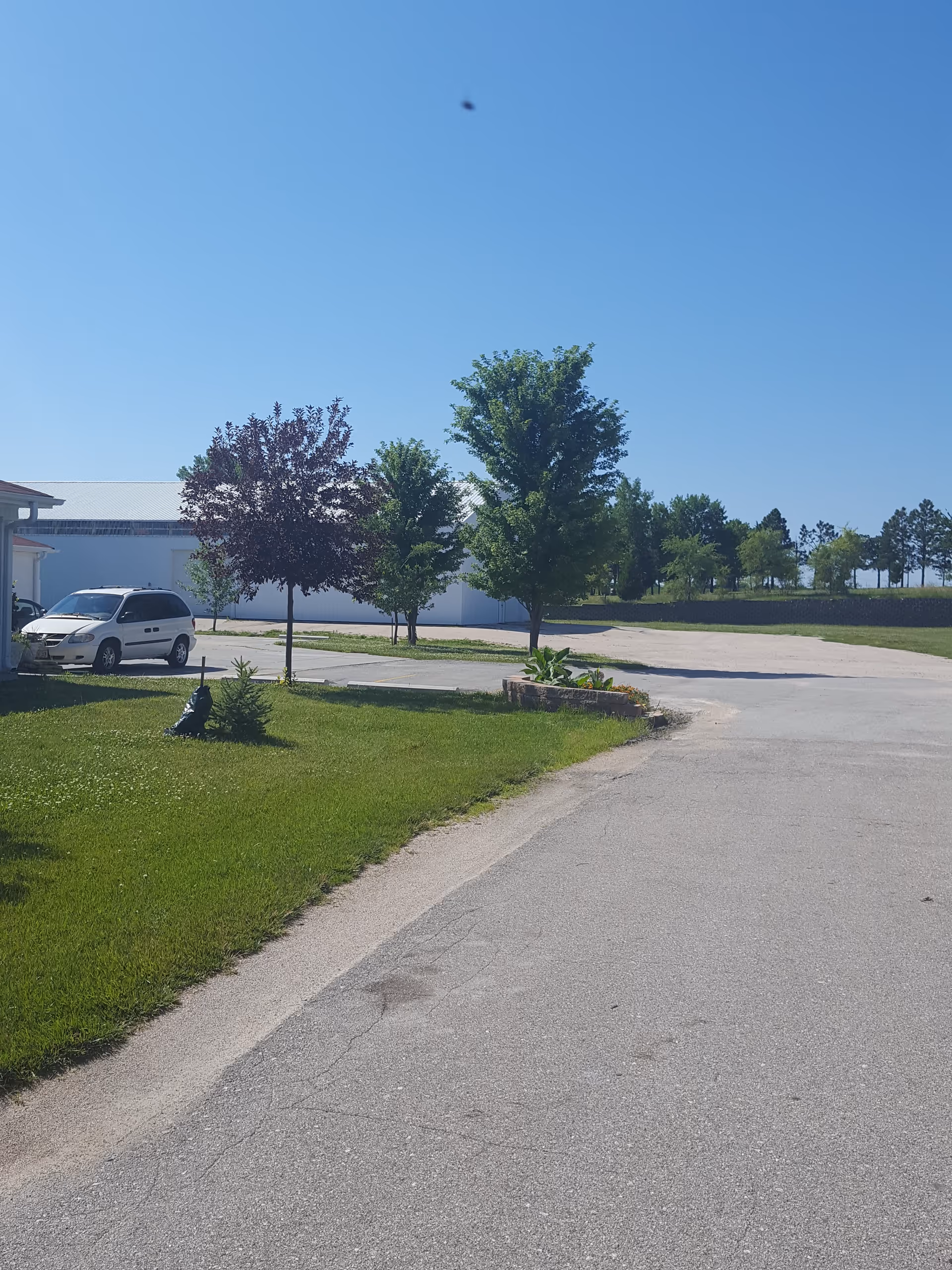 Outdoor exterior view of a parking area with trees and a lawn beside a white building.