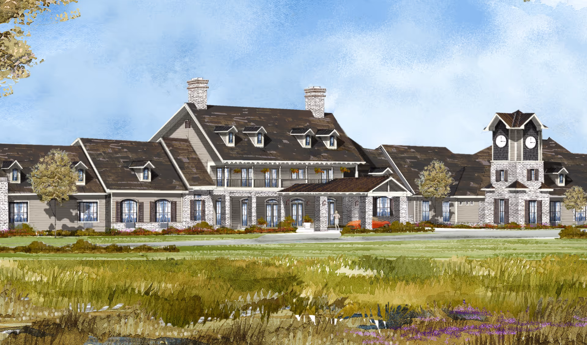 Illustration of a large senior living facility building with a central entrance, multiple windows, dormer windows on the roof, and a clock tower on the right side. The building is surrounded by landscaped greenery and trees under a partly cloudy sky.