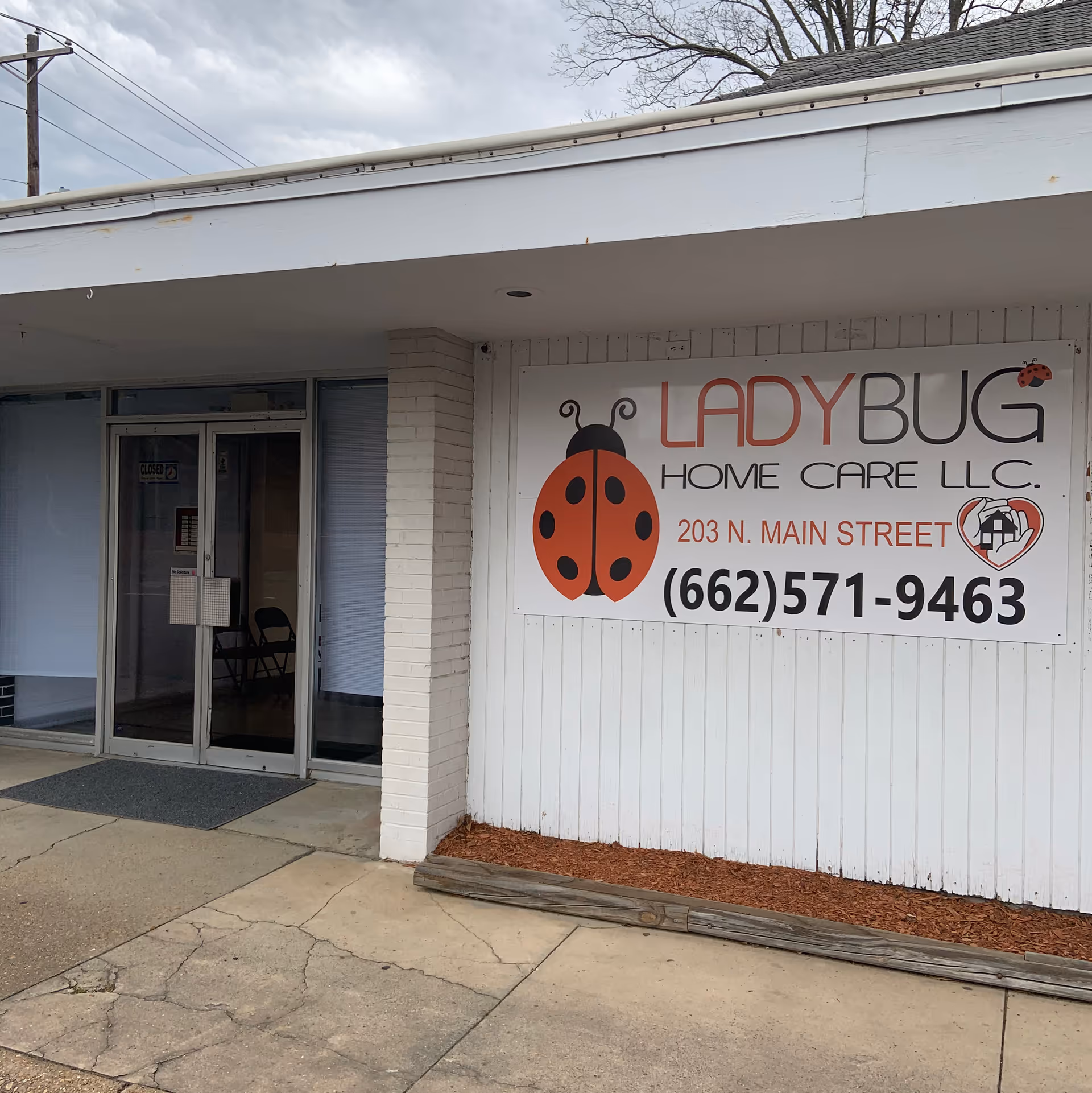 Exterior of LadyBug Home Care LLC building with sign and glass entrance