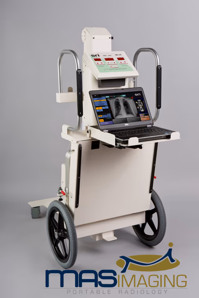 Portable X-ray machine on wheels with laptop display and Mas Imaging logo.
