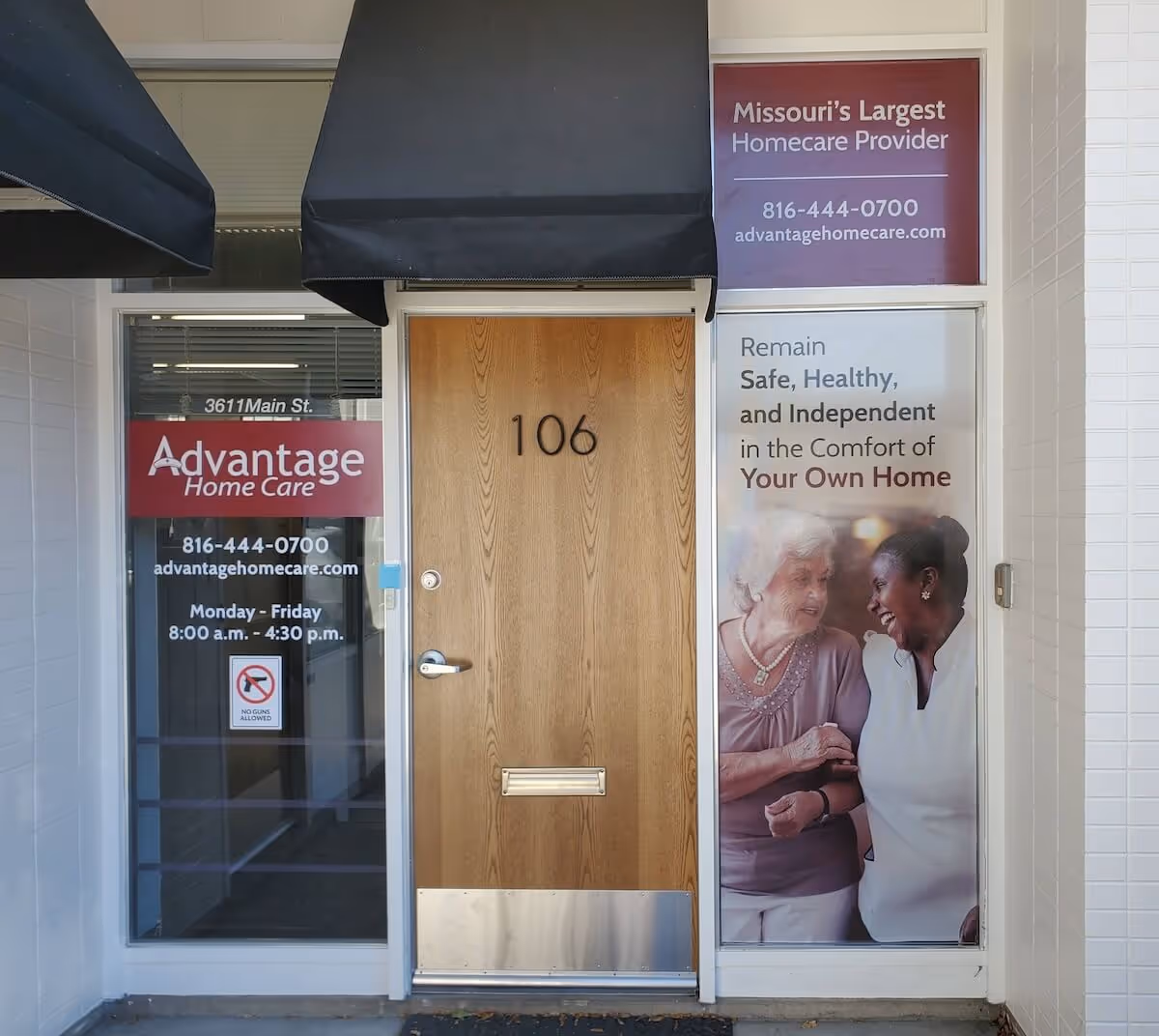 Exterior entrance to Advantage Home Care featuring a wooden door and promotional banners.