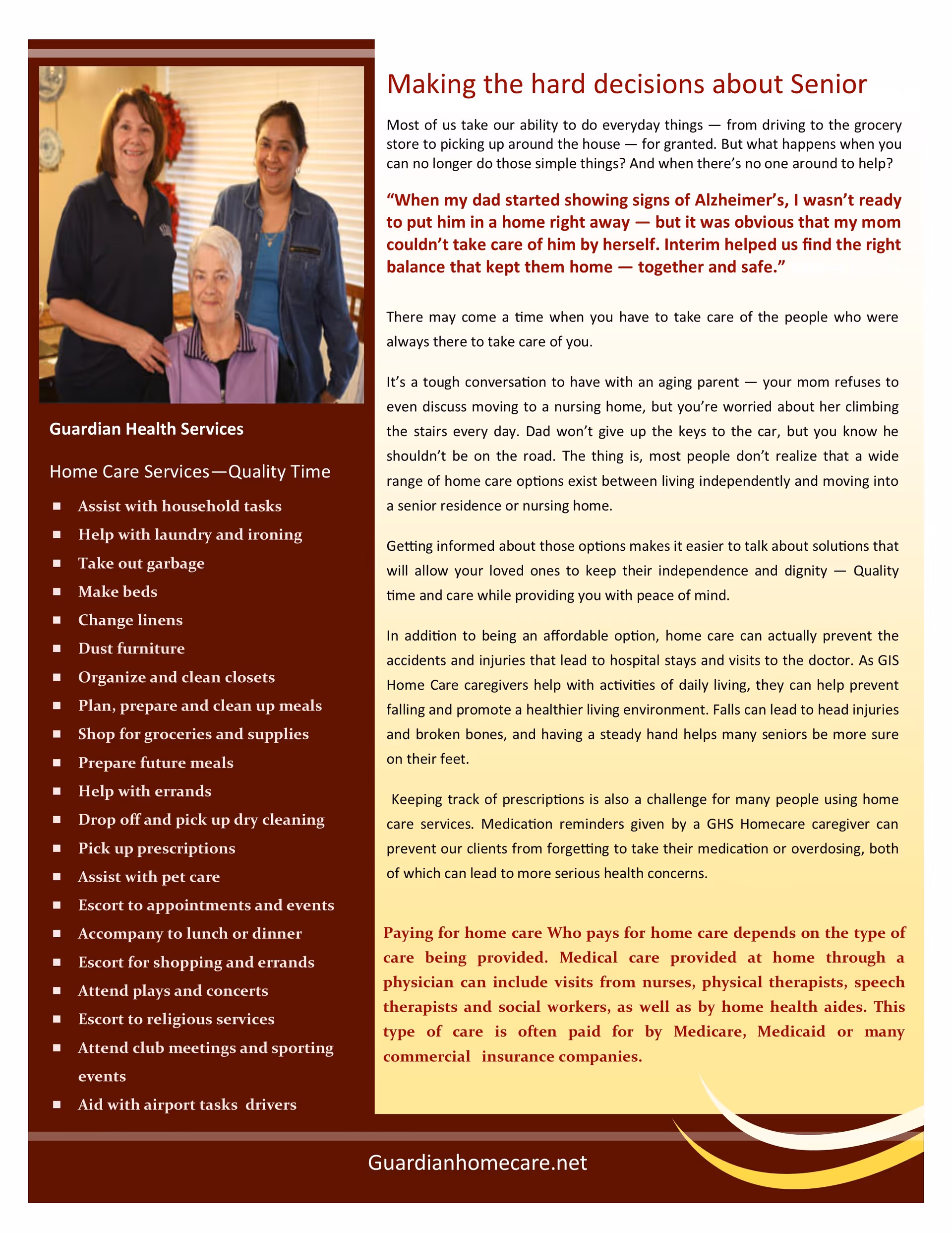 Two caregivers stand with an elderly resident in a Guardian Home Care brochure interior.