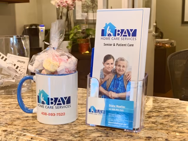 Reception desk with Bay Home Care Services brochures and a branded mug.