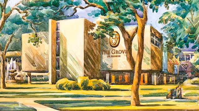 Watercolor exterior view of The Grove of Skokie with trees and lawn.