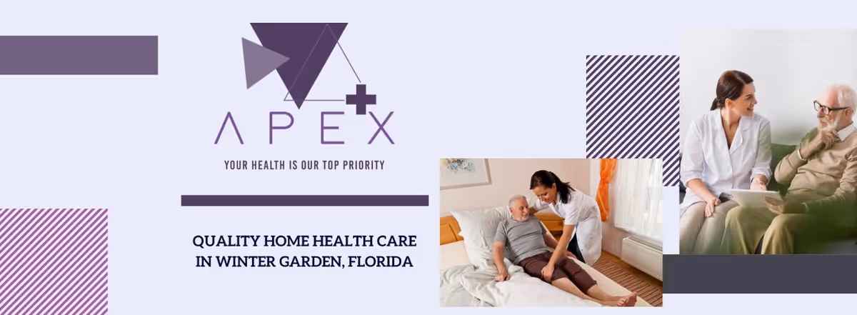 Apex Home Health Agency LLC banner with logo and two caregiver-resident photos.