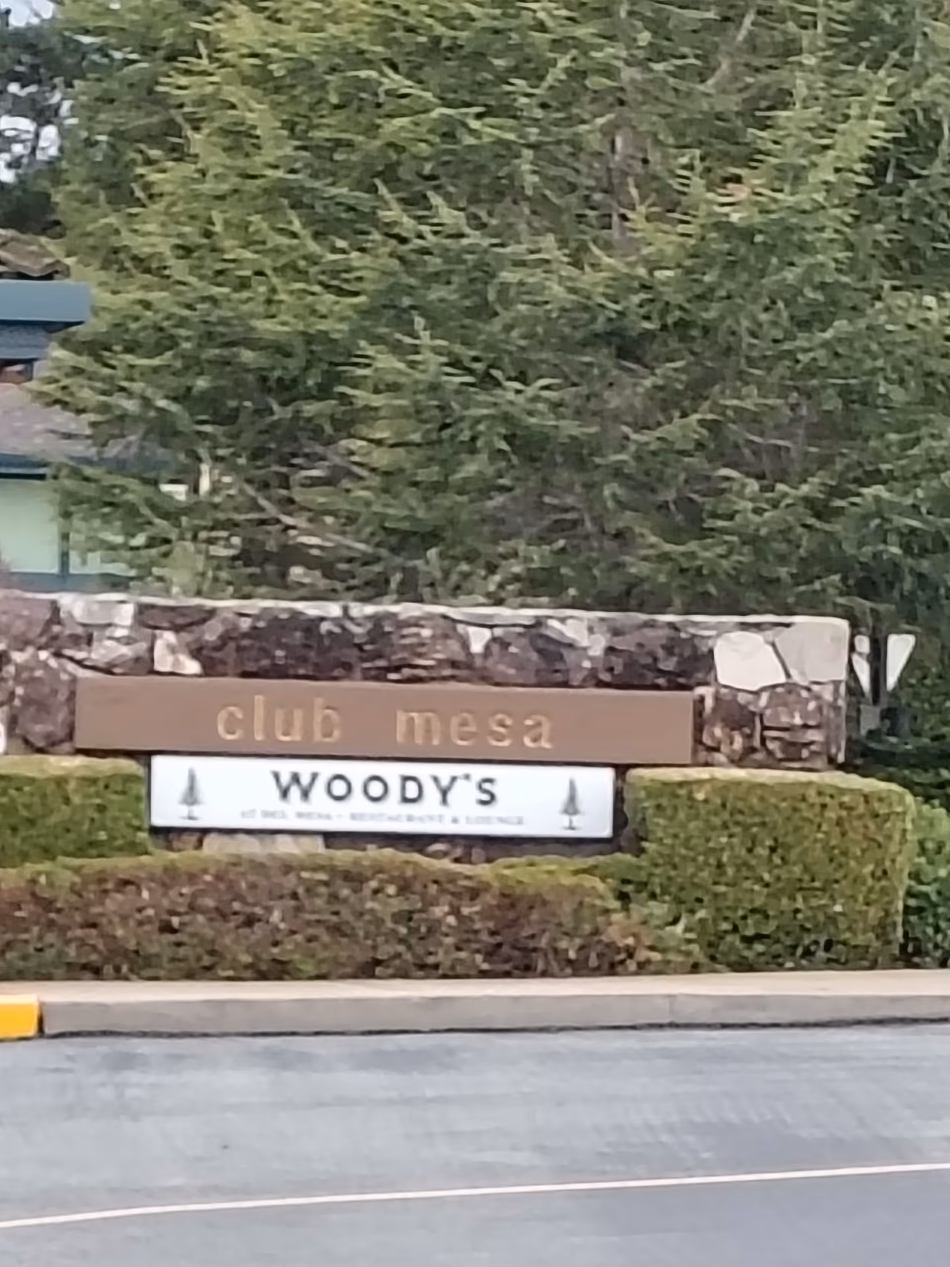 Exterior building sign reads 'club mesa' with Woody's beneath, surrounded by hedges.