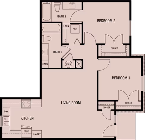 Floor plan of a two-bedroom apartment featuring a kitchen with pantry, living room, two bathrooms, linen closets, washer/dryer area, and closets in both bedrooms.