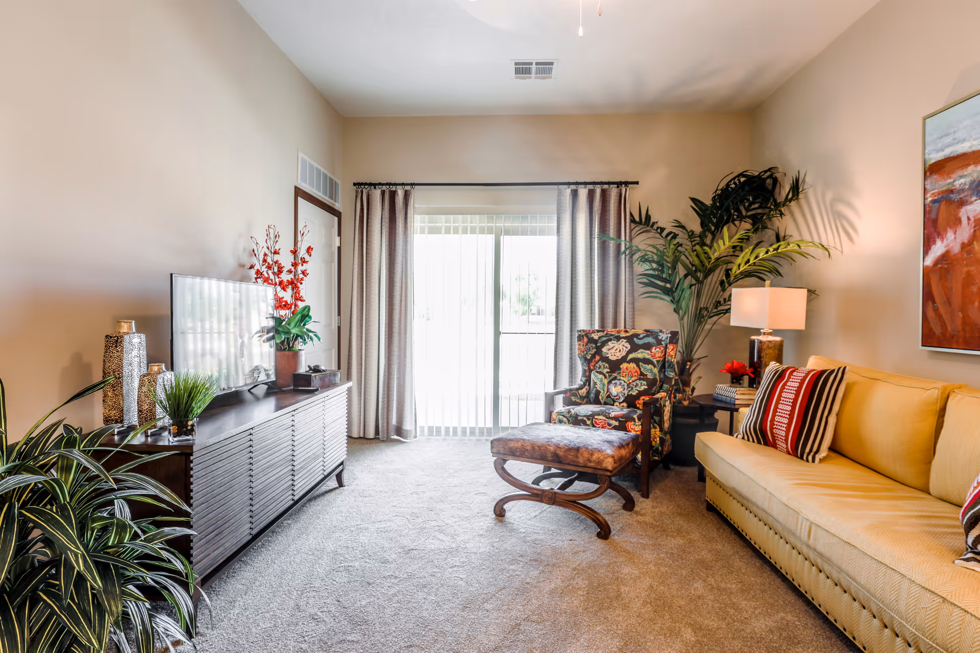 Cozy living room with TV, sofa, chair, ottoman, plants, and large window.