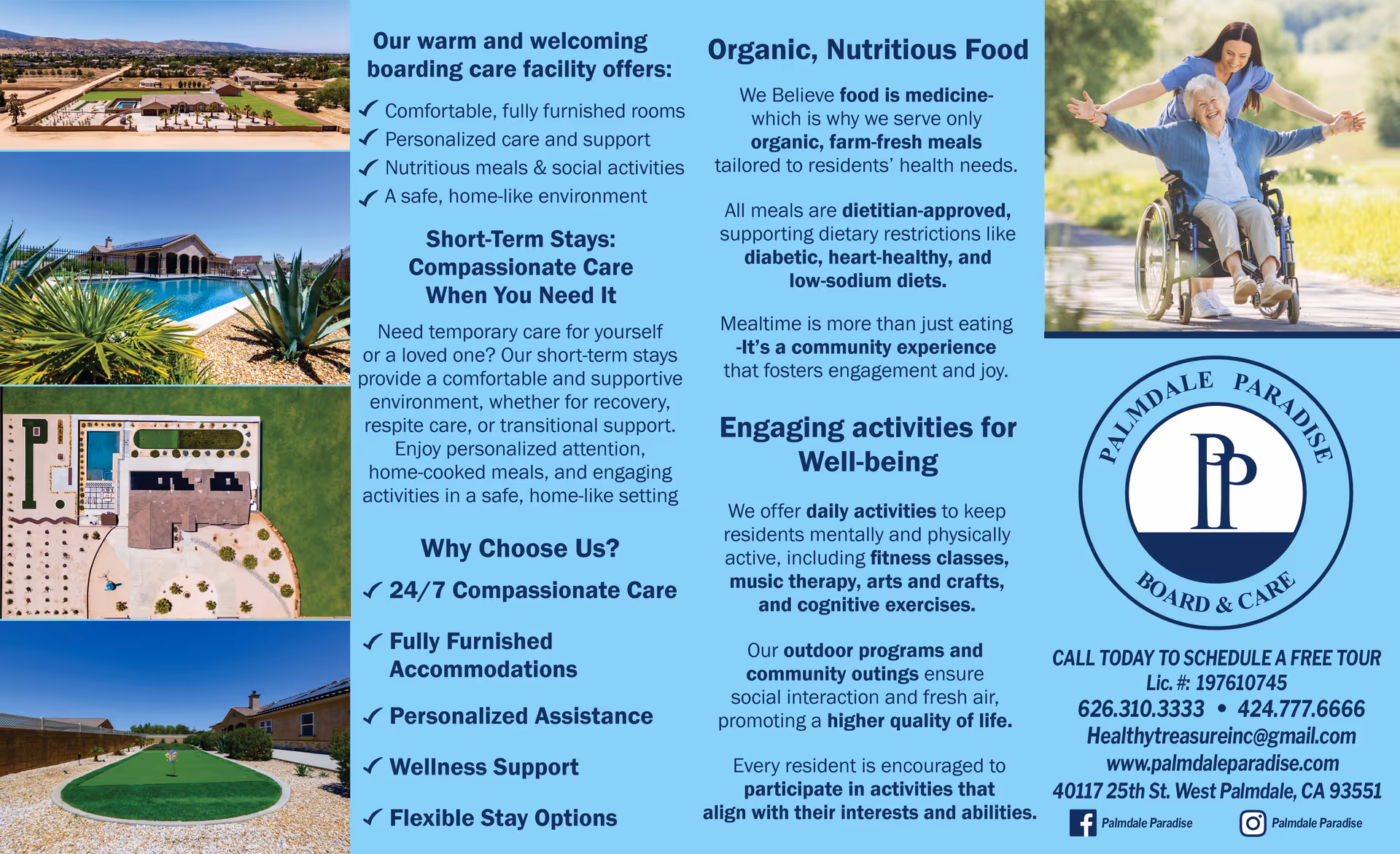 Palmdale Paradise Board and Care brochure collage with exterior photos, blue info panel, and logo
