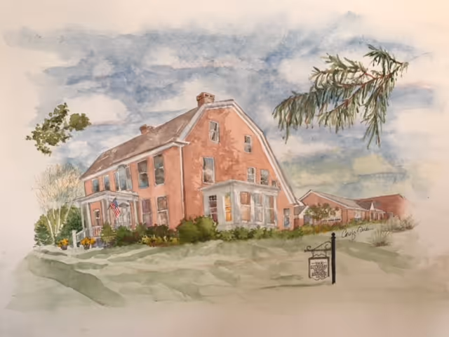 Watercolor illustration of a brick senior living home with front lawn, flag, and shrubs.