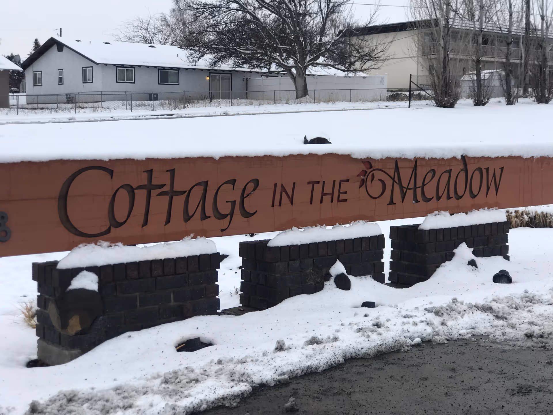Snow covers a wooden sign reading 'Cottage in the Meadow' along a snow-covered roadside.