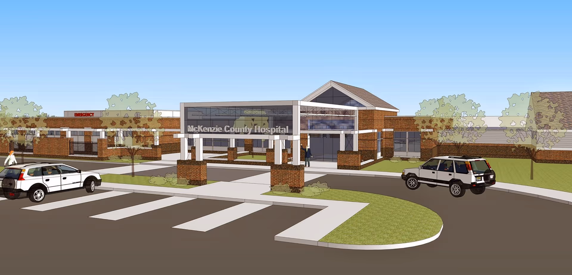 Exterior rendering of a hospital entrance with crosswalk and cars.