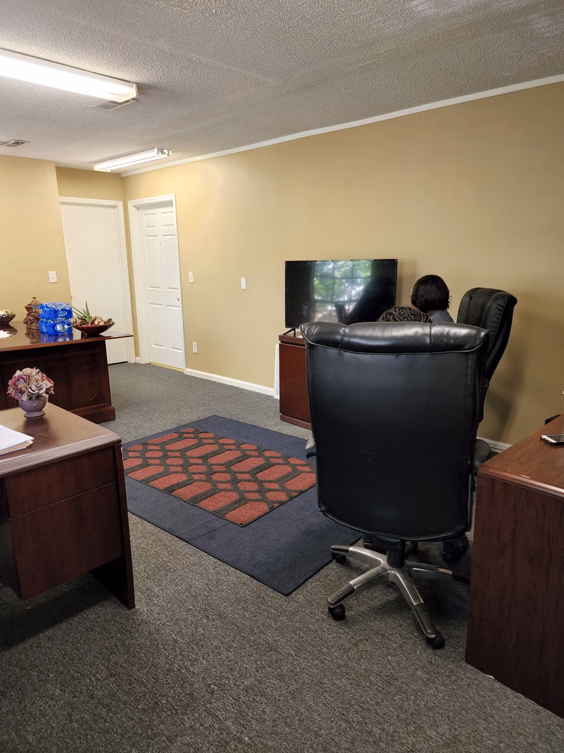 Beige-walled living area with desk, leather chairs, TV, and patterned rug.