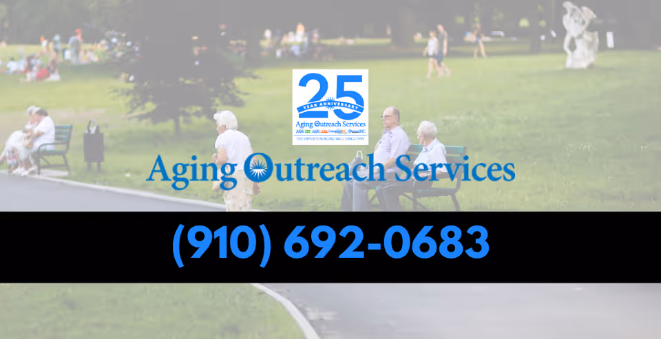 Park scene with Aging Outreach Services banner and large phone number overlay.