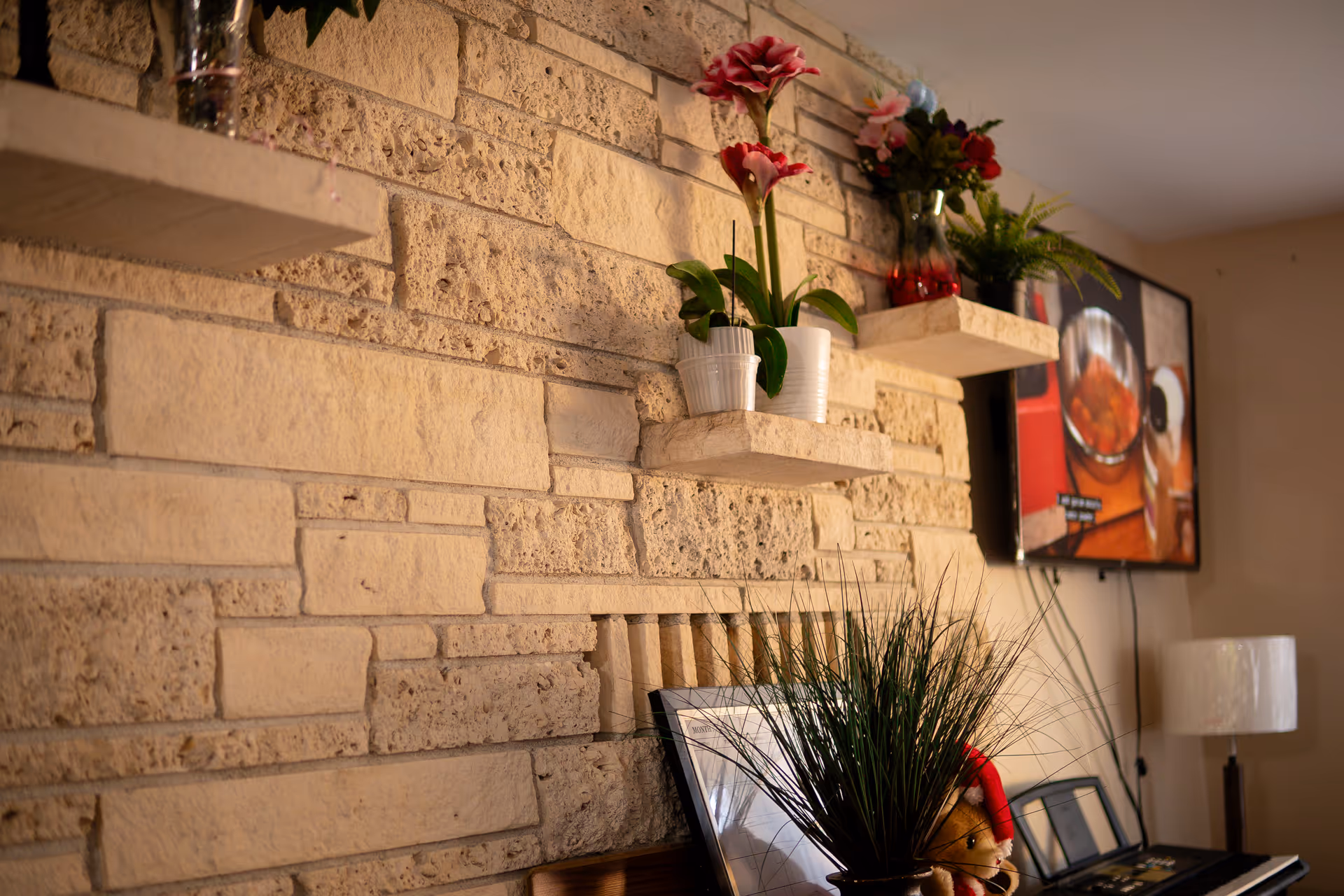 Interior living area with brick wall, floating shelves, potted plants, and a mounted TV.