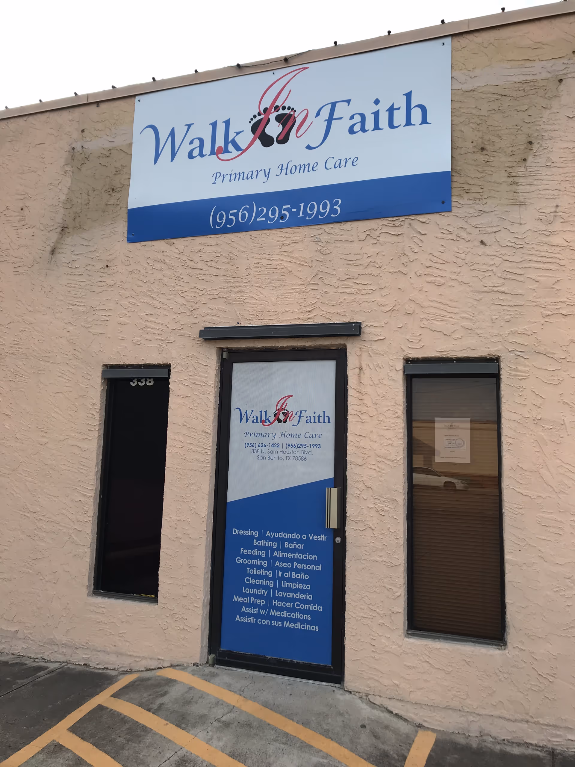 Exterior view of Walk In Faith Primary Home Care building with sign on facade.