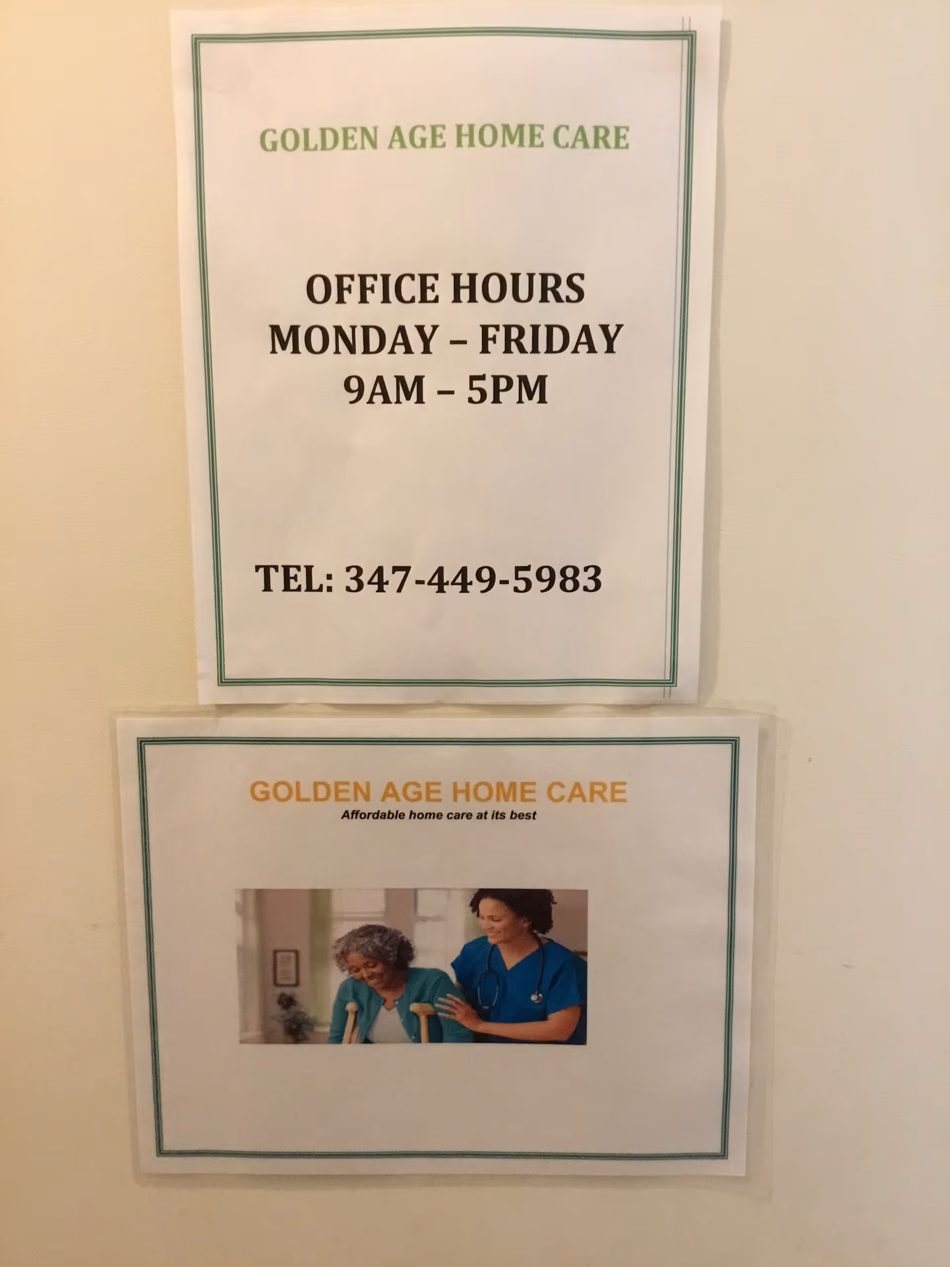 Two Golden Age Home Care signs on a wall, showing office hours and caregiver image.