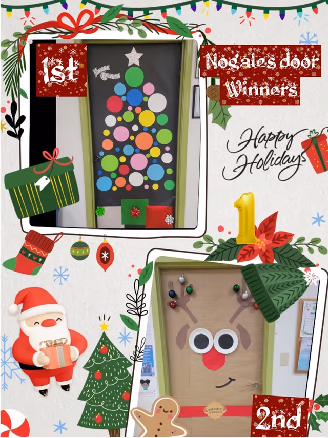 Decorated interior door with a festive reindeer design and holiday decorations.