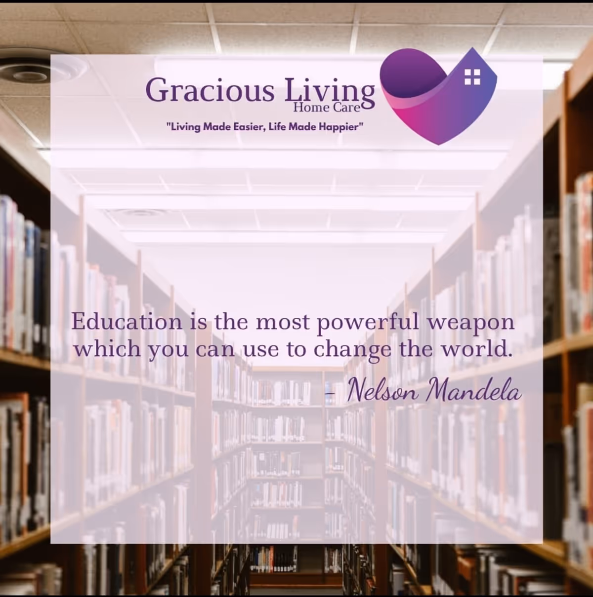 Interior library aisle with bookshelves and a translucent overlay displaying Gracious Living branding.