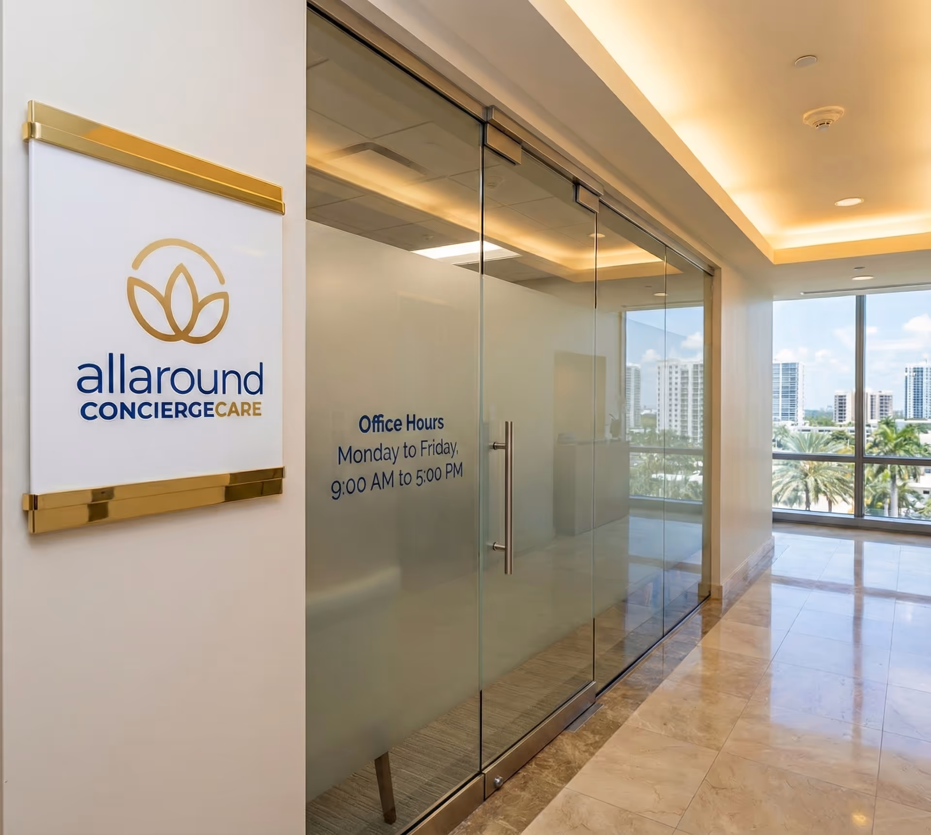 Glass doors to an office with Allaround Concierge Care sign in a bright hallway.