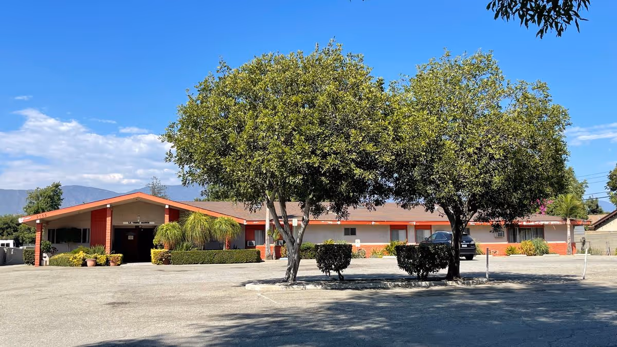 Single-story building with a wide parking lot and two large trees in front under a clear blue sky.