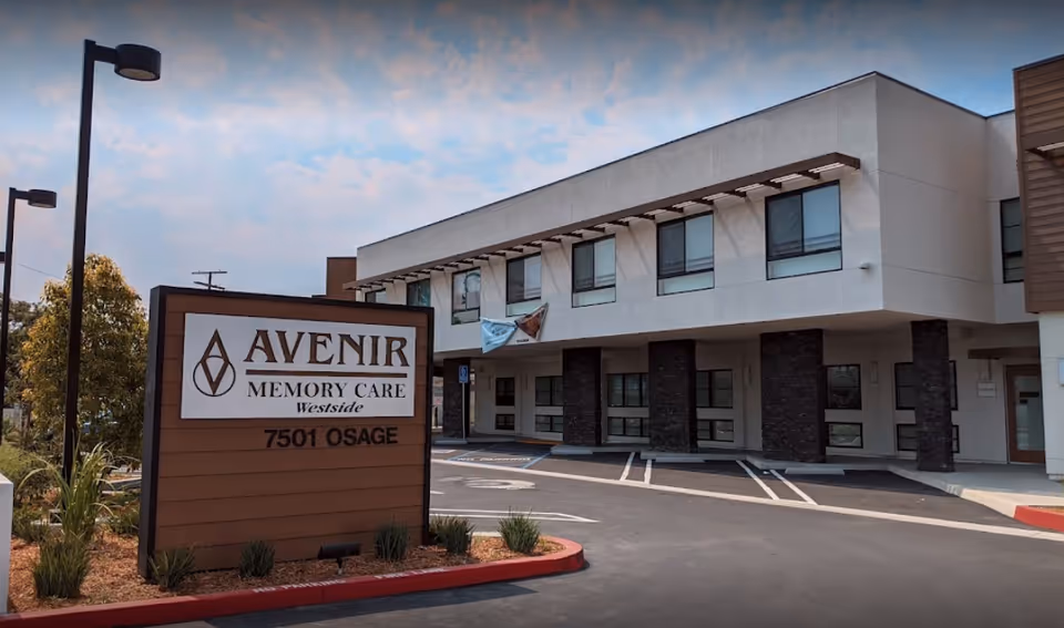 Exterior view of Avenir Memory Care Westside building with sign.