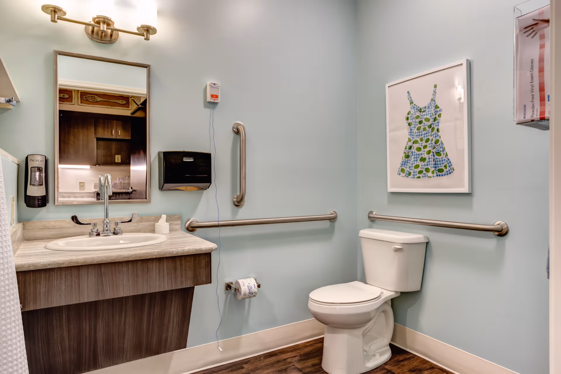 Accessible bathroom at The Springs at Stony Brook with sink, mirror, toilet, and grab bars.