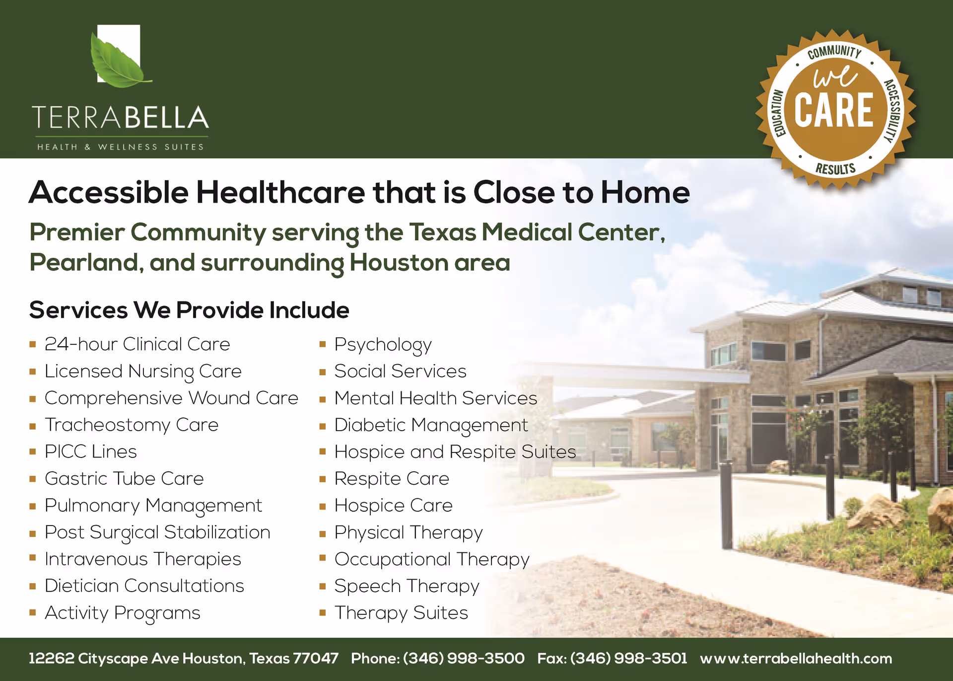 Exterior view of Terra Bella Health and Wellness Suites building with walkway and landscaping.