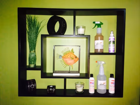 Green wall featuring black shelf with decor, plant, framed fish art, candles, and spray bottles.