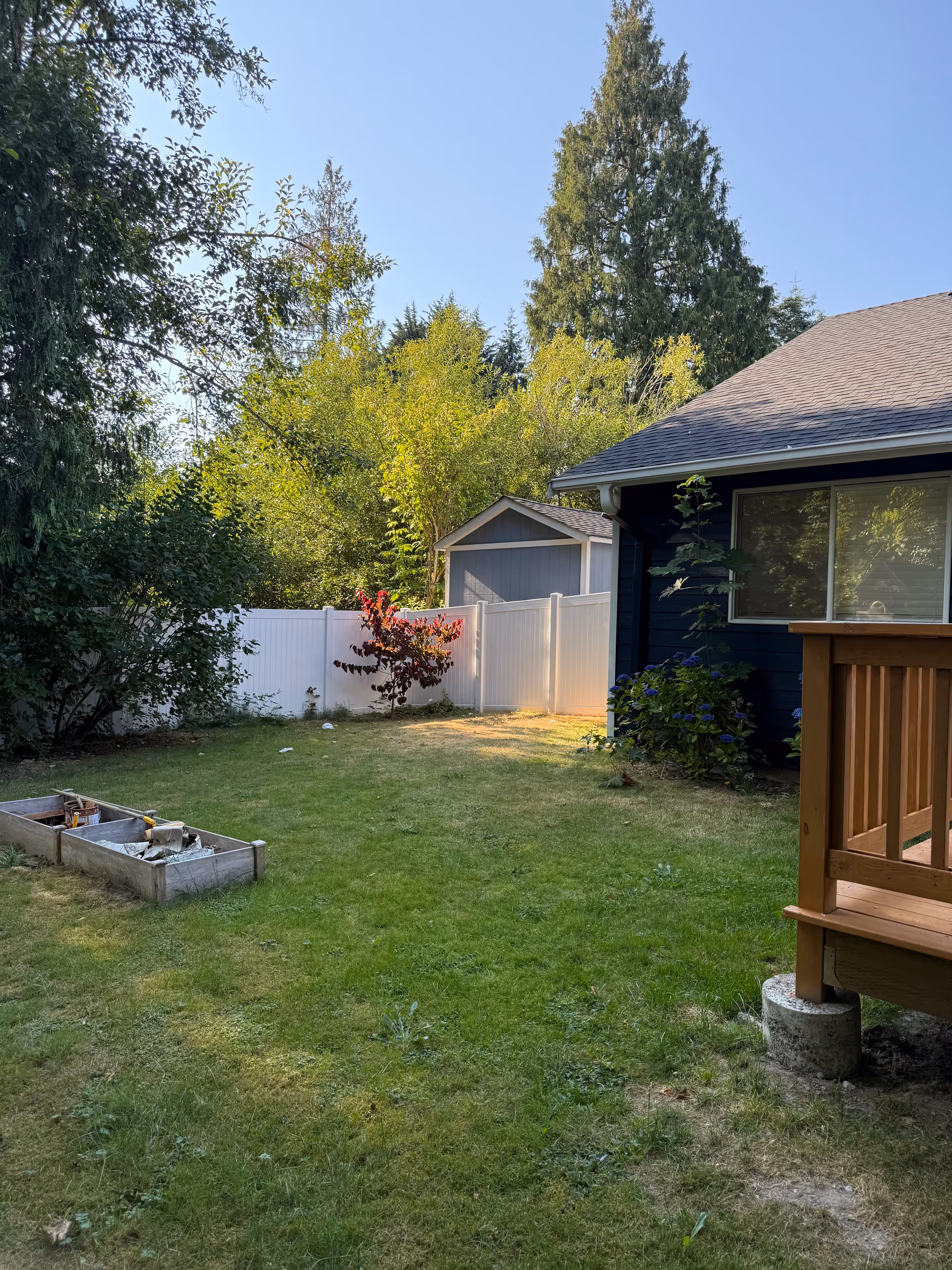 Outdoor backyard with a wooden deck, white fence, shed, and green lawn.